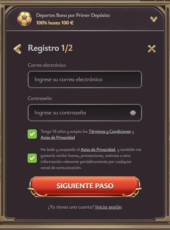 Formulario de registro de Vicibet